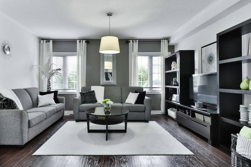 Finished living room with clean interior trim