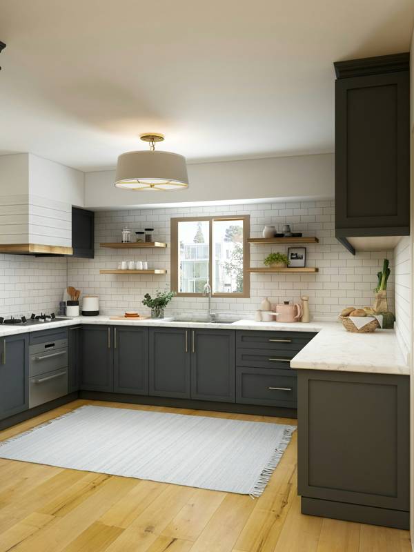 Kitchen with dark cabinets and installed hardware